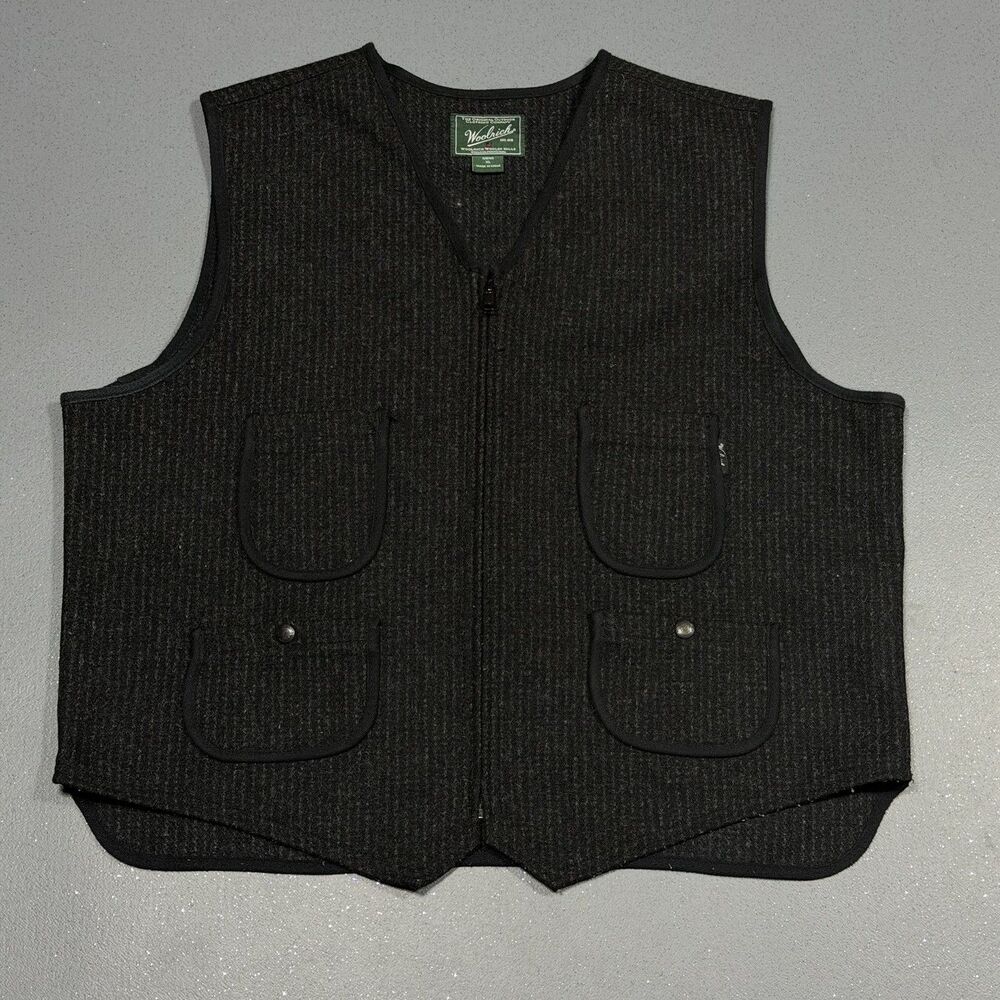 Vintage Woolrich Wool Tweed Zip Up Vest Men XL Gray Pinstripe Hunt Heritage